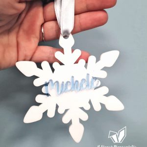 Fiocco di Neve in Plexiglass satinato bianco scritta Azzurra idee regalo natale