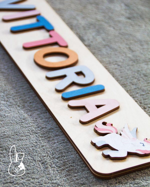 Il Signor Bianconiglio |  Arredo cameretta Nome Puzzle in legno per bambini Unicorno