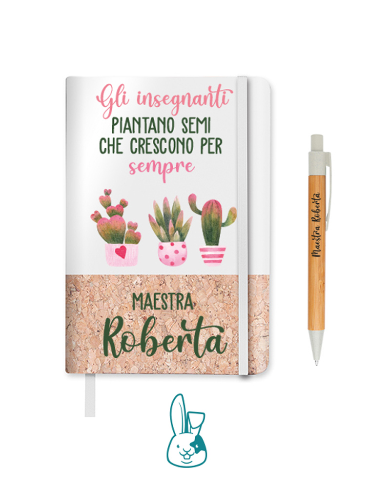 Notebook e penna personalizzati per maestra con nome modello Cactus BIANCO