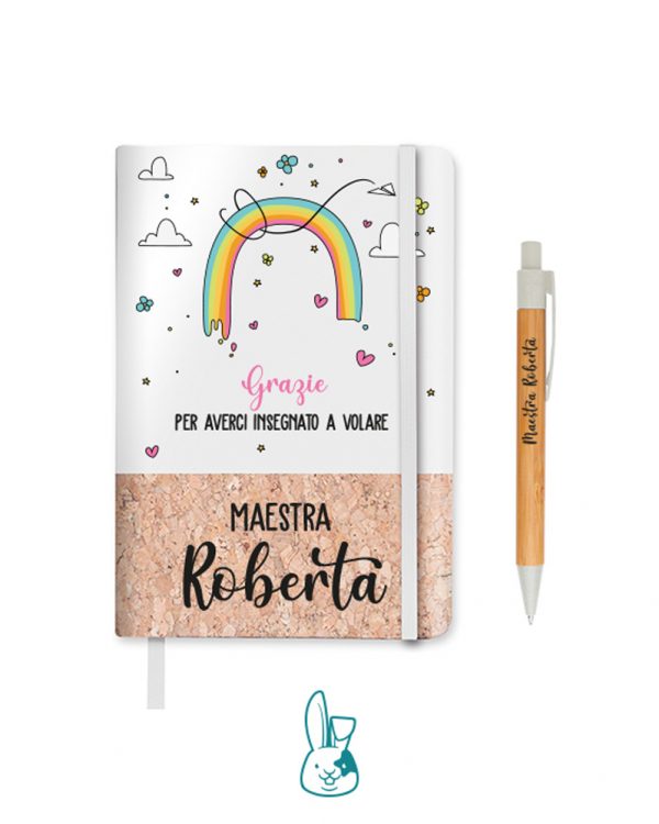 Il Signor Bianconiglio |  Idee Regalo Notebook e penna personalizzati per maestra con nome modello Arcobaleno BIANCO