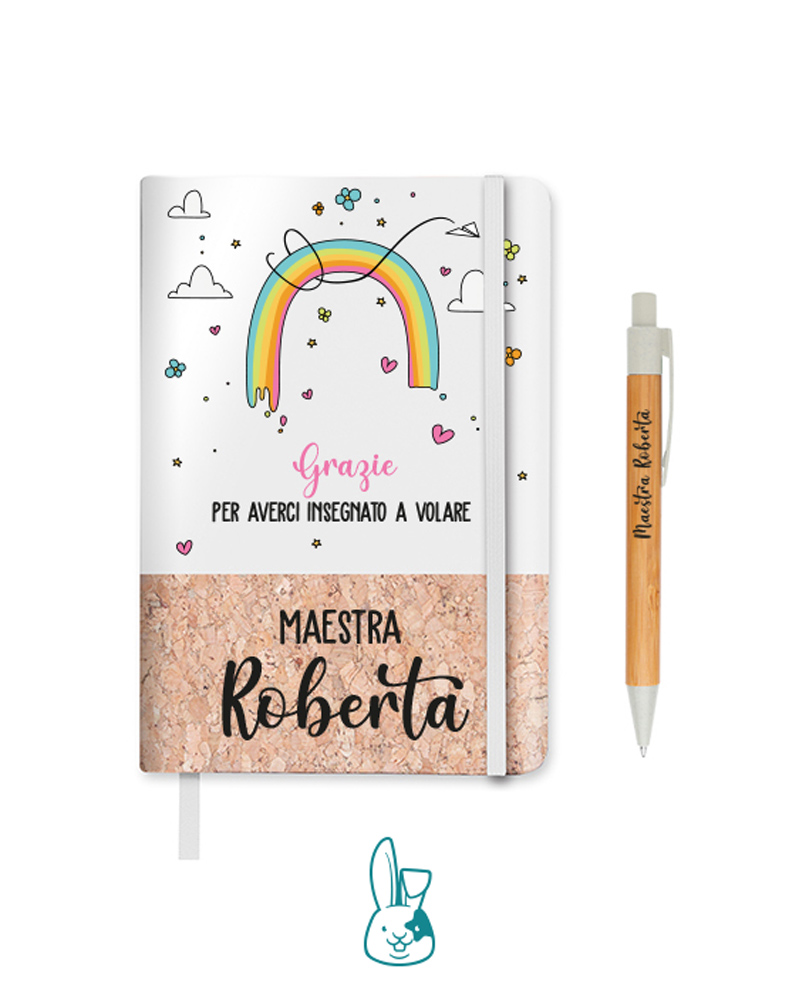 Notebook e penna personalizzati per maestra con nome modello Arcobaleno  BIANCO