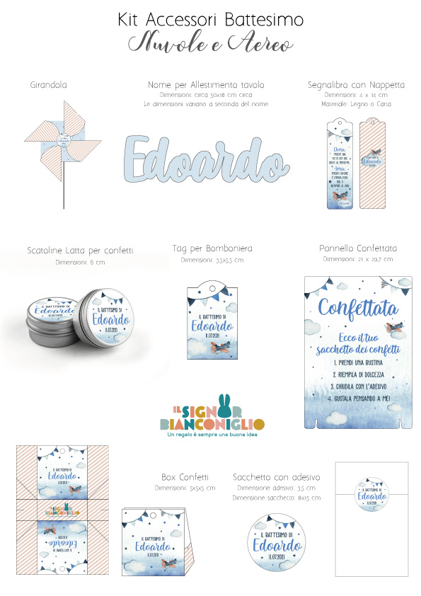 Il Signor Bianconiglio |  Etichette Battesimo e Cerimonia Confezione 10 Etichette bolle di sapone Nuvole e Aereo