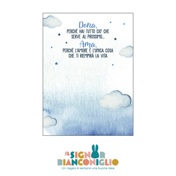 Il Signor Bianconiglio |  Bomboniera / Ricordino Battesimi e Cerimonie Calamita in legno con cartoncino Nuvole nome – Bomboniera segnaposto battesimo