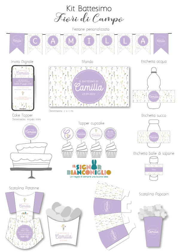 Il Signor Bianconiglio |  Etichette Battesimi e Cerimonie Confezione 10 Etichette bolle di sapone Fiori di Campo