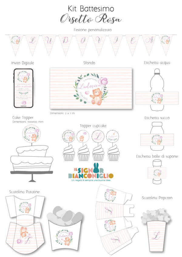 Il Signor Bianconiglio |  Etichette Battesimi e Cerimonie Confezione 10 Etichette bolle di sapone Orsetto Rosa