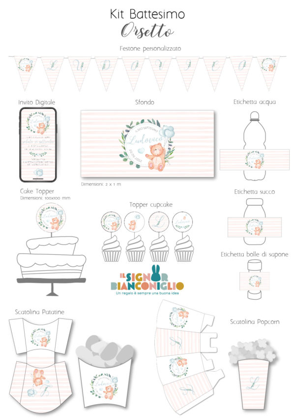 Il Signor Bianconiglio |  Etichette Battesimo e Cerimonia Confezione 10 Etichette bolle di sapone Orsetto Celeste
