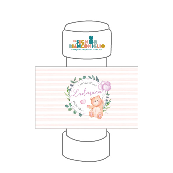 Il Signor Bianconiglio |  Etichette Battesimo e Cerimonia Confezione 10 Etichette bolle di sapone Orsetto Rosa
