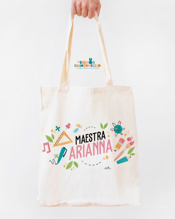 Il Signor Bianconiglio |  Idee regalo per le Maestre Borsa Shopper Maestra personalizzata con nome Colorata – Idea regalo maestre
