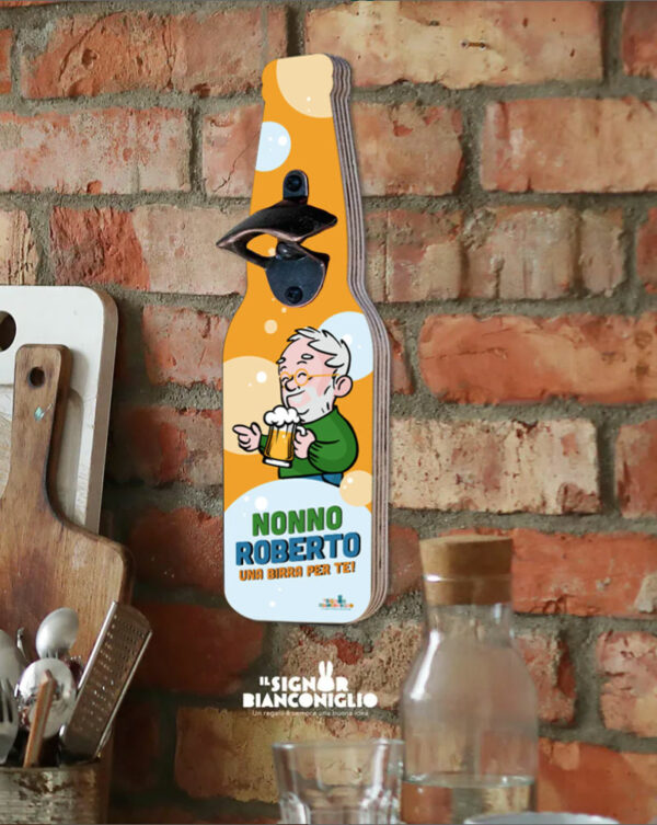 Il Signor Bianconiglio |  Per i Nonni Apribottiglie personalizzato a forma di bottiglia Nonno – Idea regalo nonni