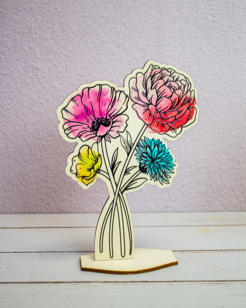Fiori di legno Peonia con basetta e targhetta con messaggio a scelta - Idea  regalo San Valentino